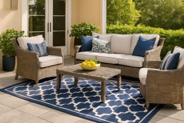 Markiseteppe Patio furniture featuring blue and white accents, complemented by a stylish Markiseteppe for a cozy outdoor setting.