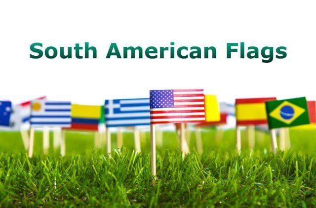 A vibrant display of South American flags, each representing a different country with distinct colors and emblems.