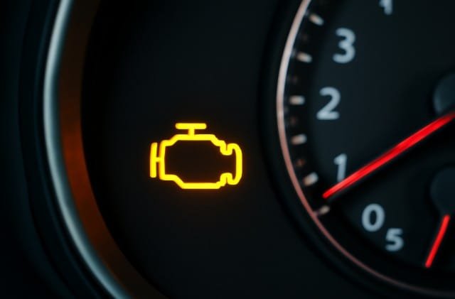 Car dashboard showing a blinking check engine light, indicating a potential issue with the vehicle's engine.