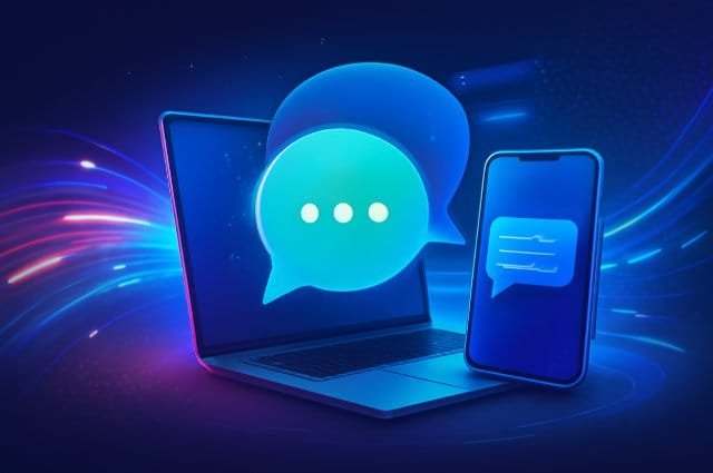 Konversky Friends engaging in conversation on a laptop and smartphone in a 3D illustration, emphasizing Konversky's communication features.