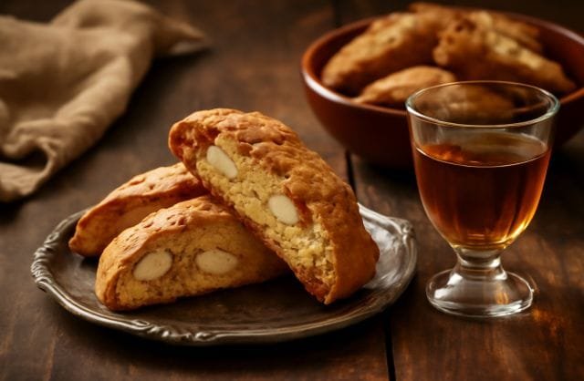 бишкоти ди прато A plate of biscotti di prato cookies next to a glass of red wine, inviting and perfect for a cozy gathering.