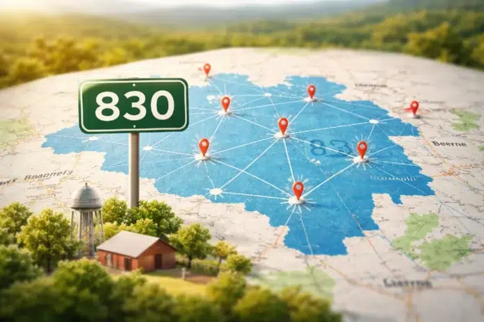 830 Area Code map showing Texas cities and counties in the local calling region