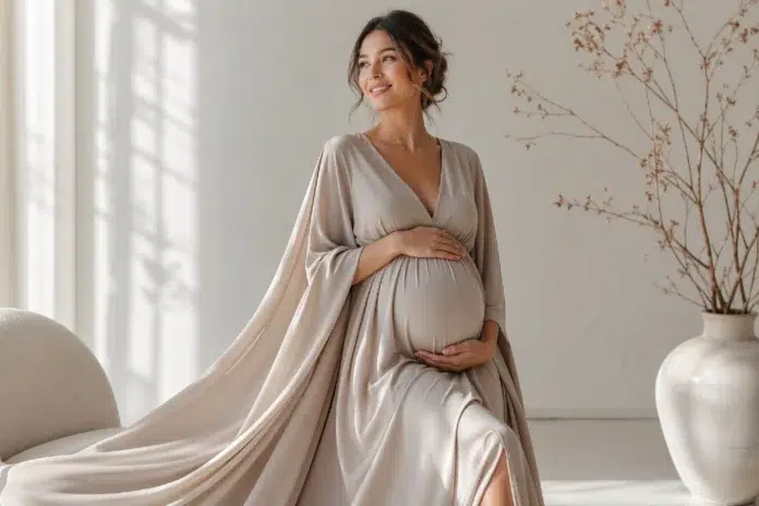 Apparalel Maternity dress styled for a modern expecting mother in a clean, elegant fashion setting