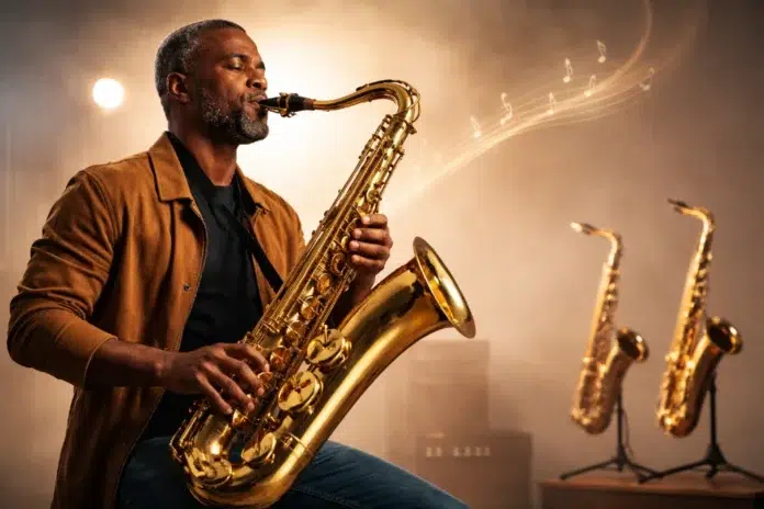 Baritone Saxophone player performing on stage with a large brass sax in a jazz ensemble