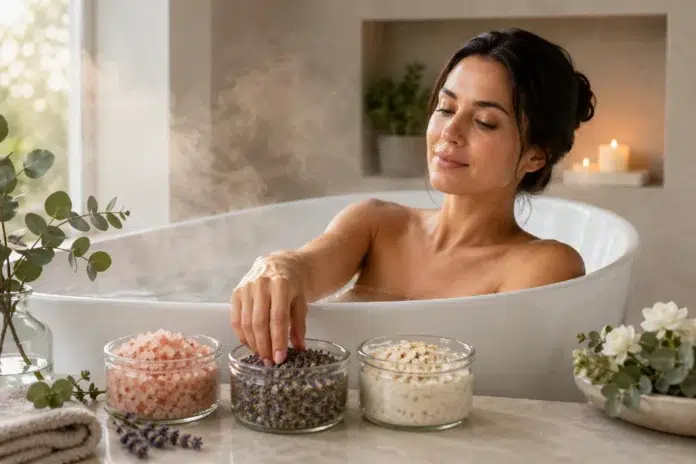Bath Soaker in a warm bathtub with mineral salts and a calm home spa setting