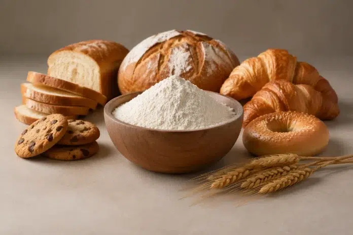Bread Flour in a baking setup with dough, loaf ingredients, and homemade bread tools on a kitchen counter