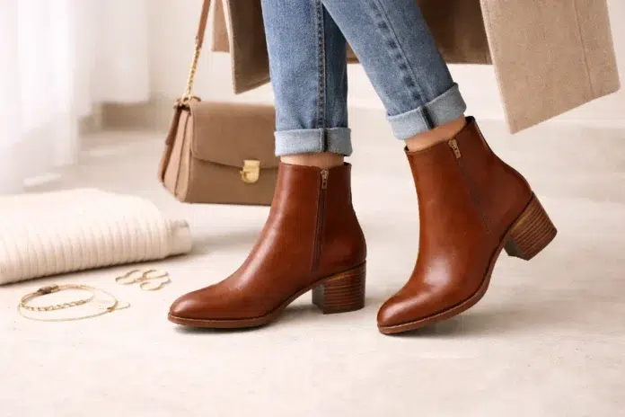 Brown Boots paired with denim, knitwear, and a neutral coat in a timeless everyday outfit