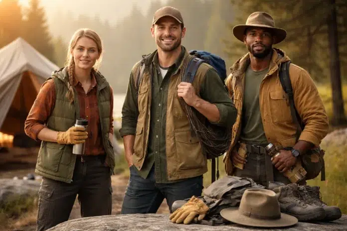 Camping Guide Workplace Styling outfit for camp based work with layered outdoor clothing, durable pants, and supportive boots