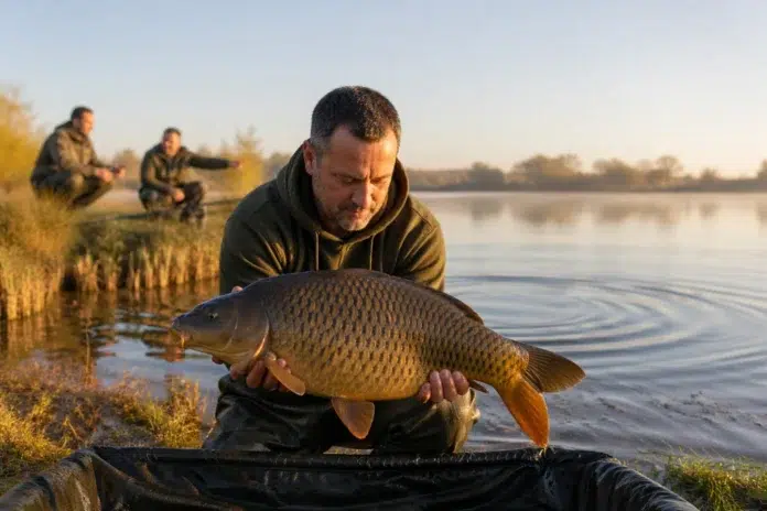 Carp Forum discussion scene with anglers sharing carp fishing tips, tactics, rigs, bait ideas, and real catch stories
