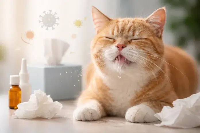 Cat sneezing a lot with a runny nose while resting indoors