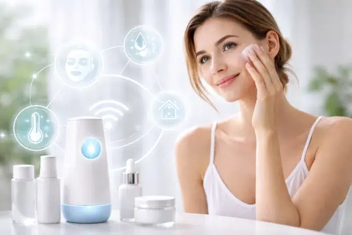 Conseils De Skincare Domotique Intelligente setup with smart mirror, skincare products, soft lighting, and a clean modern bathroom routine