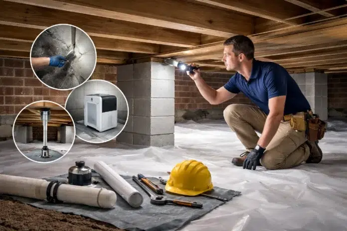 Crawl Space Foundation inspection showing vapor barrier, floor joists, and moisture control repairs beneath a home