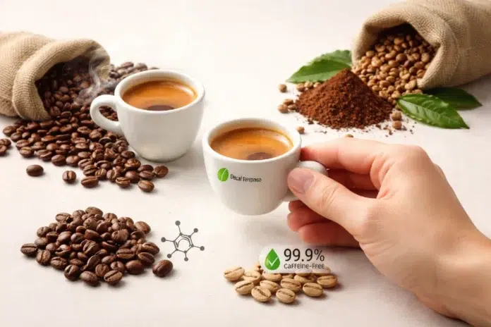 A freshly brewed decaf espresso shot in a small cup beside roasted coffee beans