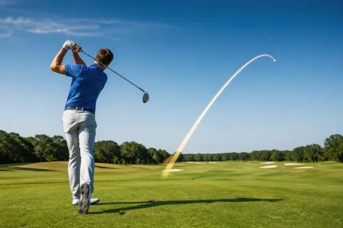 Golfer practicing Distance Club Golf power and club selection on a sunny course