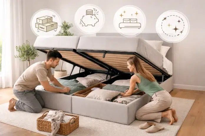 Double Ottoman Bed with lift-up hidden storage in a modern bedroom