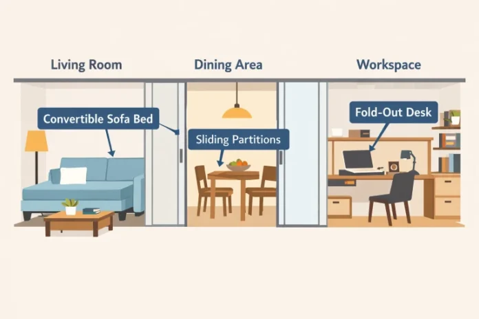 Living room, dining area, and workspace are shown in a compact design. Features include a convertible sofa bed, sliding partitions, and a fold-out desk.
