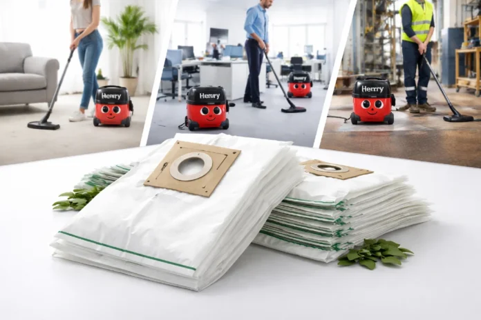 Henry Hoover Bags beside a red Henry vacuum in a clean home setting