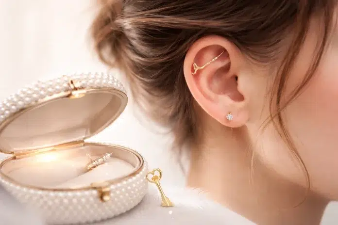 Hidden Helix ear piercing with delicate tucked jewelry placed under the upper ear cartilage for a subtle floating effect