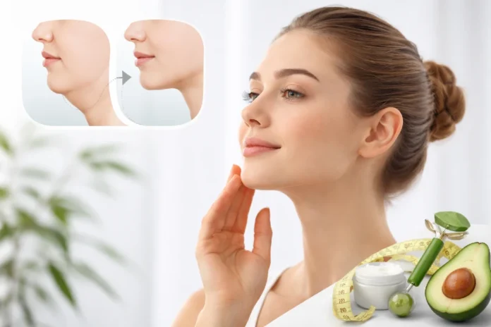 Woman following tips on how to get rid of double chin without surgery through exercise, posture, healthy eating, and skin care