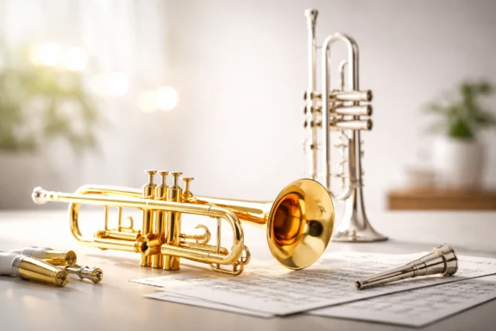 Instruments Trumpets displayed for beginners and skilled musicians in a clean studio setting