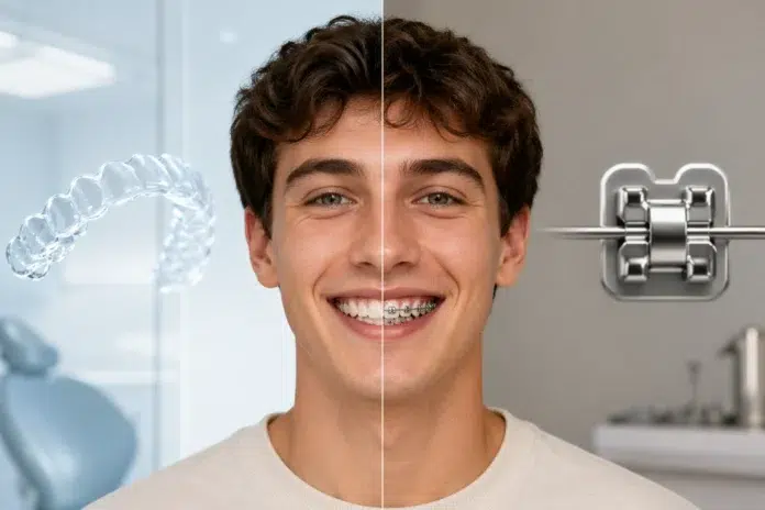 Invisalign vs Braces comparison showing clear aligners and metal braces for cost, comfort, and results