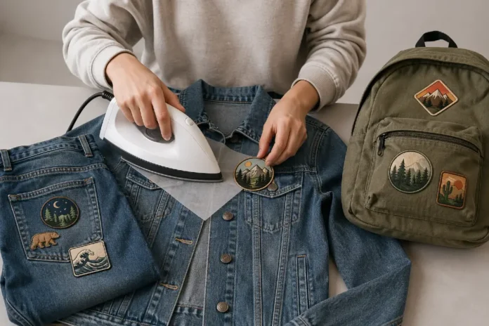 Iron on Patches applied to a denim jacket, jeans, and canvas backpack