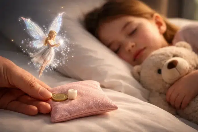 Child holding a lost baby tooth and smiling while waiting for the Tooth Fairy tradition at bedtime