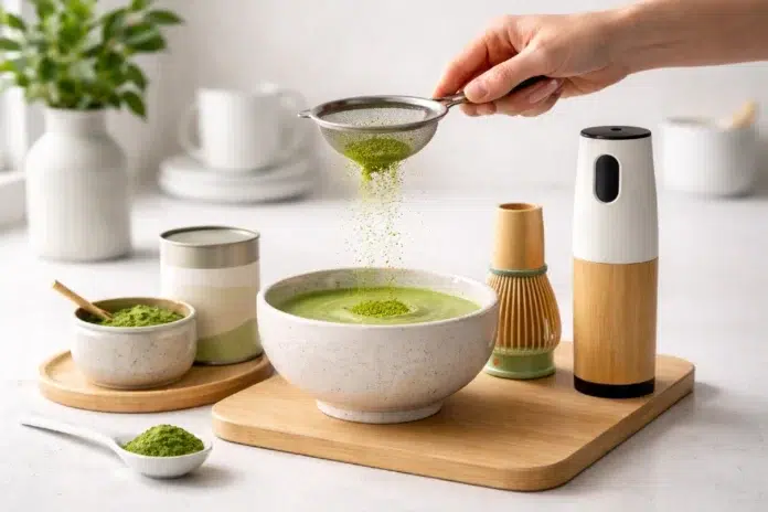 Matcha Set arranged in a modern kitchen with ceramic bowl, bamboo whisk, scoop, and green matcha tea