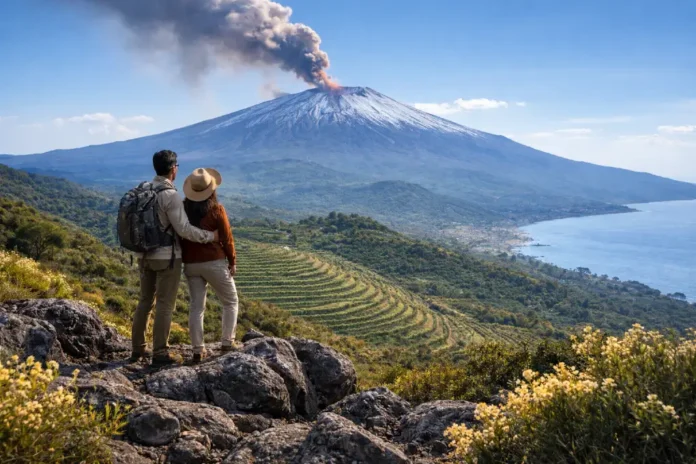 Scenic view of Mongibello Etna rising above the volcanic landscape and villages of eastern Sicily