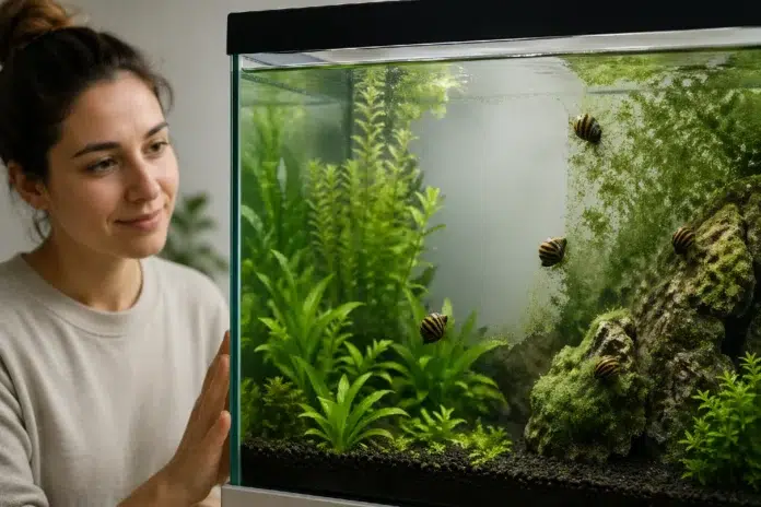 Nerite Snails grazing algae on aquarium glass and driftwood in a planted freshwater tank