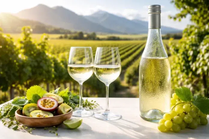 New Zealand Sauvignon Blanc in a white wine glass showing citrus, passionfruit, and herbaceous tasting notes