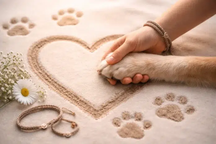 Paw Print celebration between pets and owners in a warm home setting