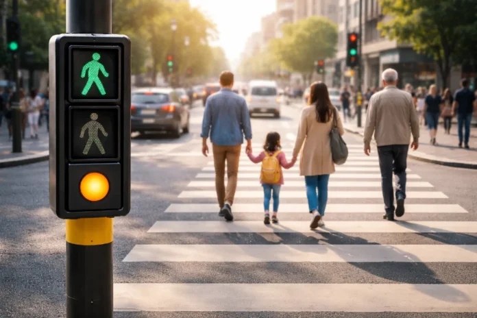 Pelican Crossing with pedestrian signals on a busy city street
