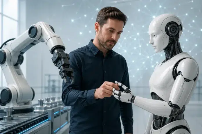 Ponas Robotas concept showing a human working with smart AI robotics and automation technology