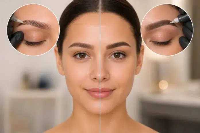 Powder Brows vs Microblading comparison showing two semi-permanent brow treatment styles on a woman with natural makeup