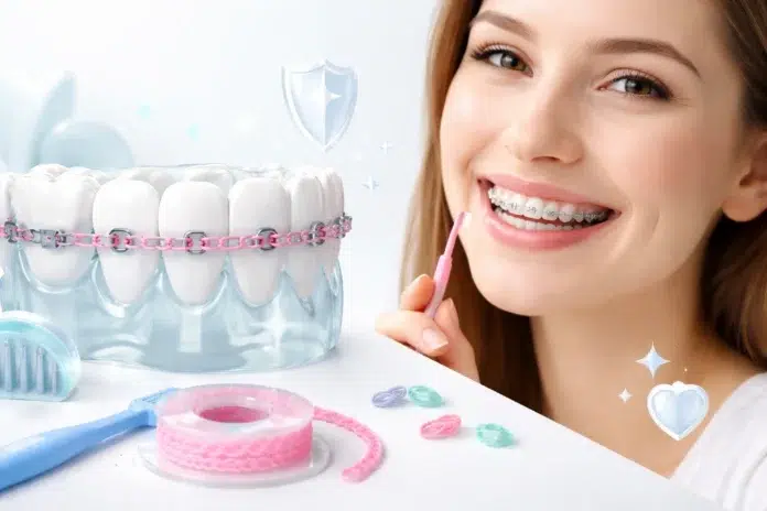 Power Chains attached to braces during orthodontic treatment