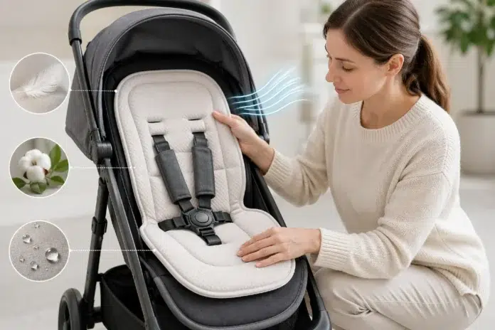 Pram Liner fitted inside a modern baby stroller for comfort and easy cleaning