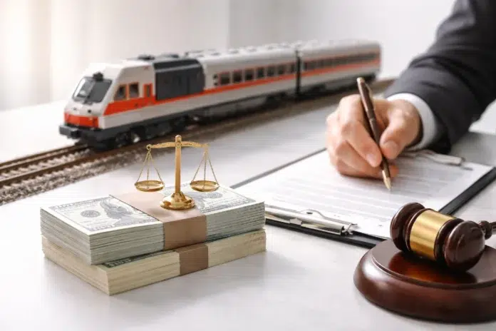 Rail Settlement Plan injury settlement documents with railroad worker claim details and compensation breakdown