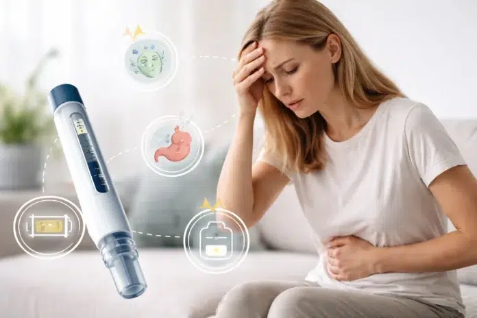 Retatrutide side effects illustration showing nausea, digestive discomfort, and daily routine impact