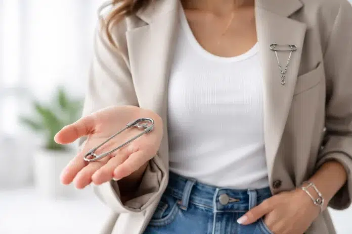 Safety Pin Pin styled on a modern everyday outfit with blazer and denim