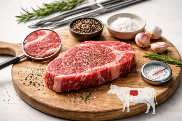 Scotch Fillet steak on a board with visible marbling and a freshly seared crust