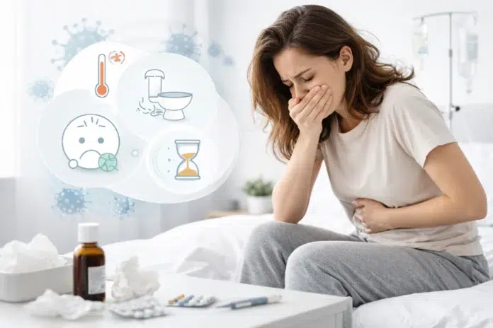 Sickness Bug symptoms including nausea, vomiting, stomach cramps, and recovery at home