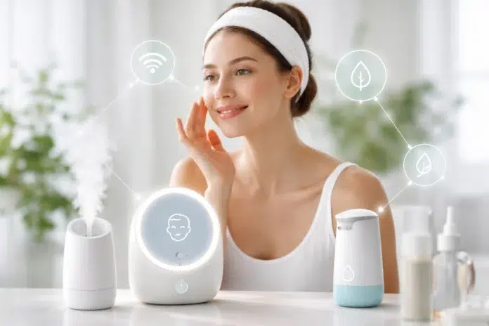 Smart Home Devices Skincare Tips setup with smart mirror lighting, humidifier, and evening skincare routine at home