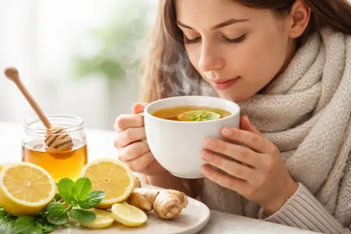 Tea For Sore Throat in a warm mug with honey and lemon for natural throat comfort