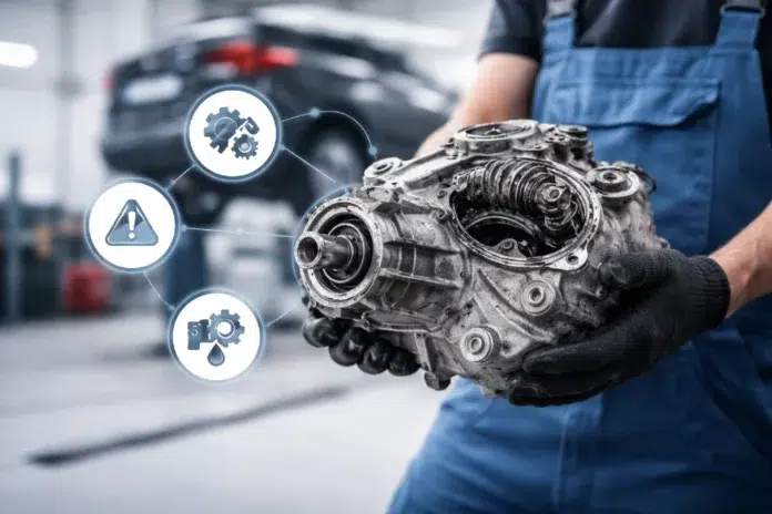 Transfer Case Transfer Case in a 4WD drivetrain showing common problems, symptoms, and repair points