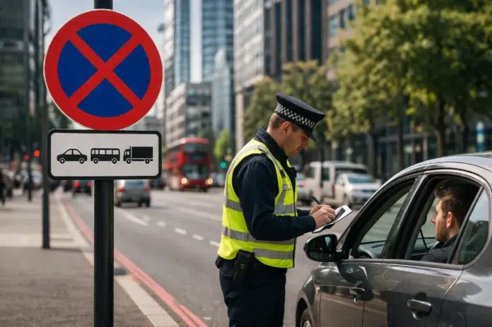 Urban Clearway road sign on a busy city street showing stopping restrictions during peak hours