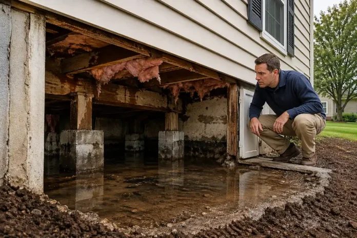 Water in Crawl Space under a home showing moisture damage risk and crawl space repair concern